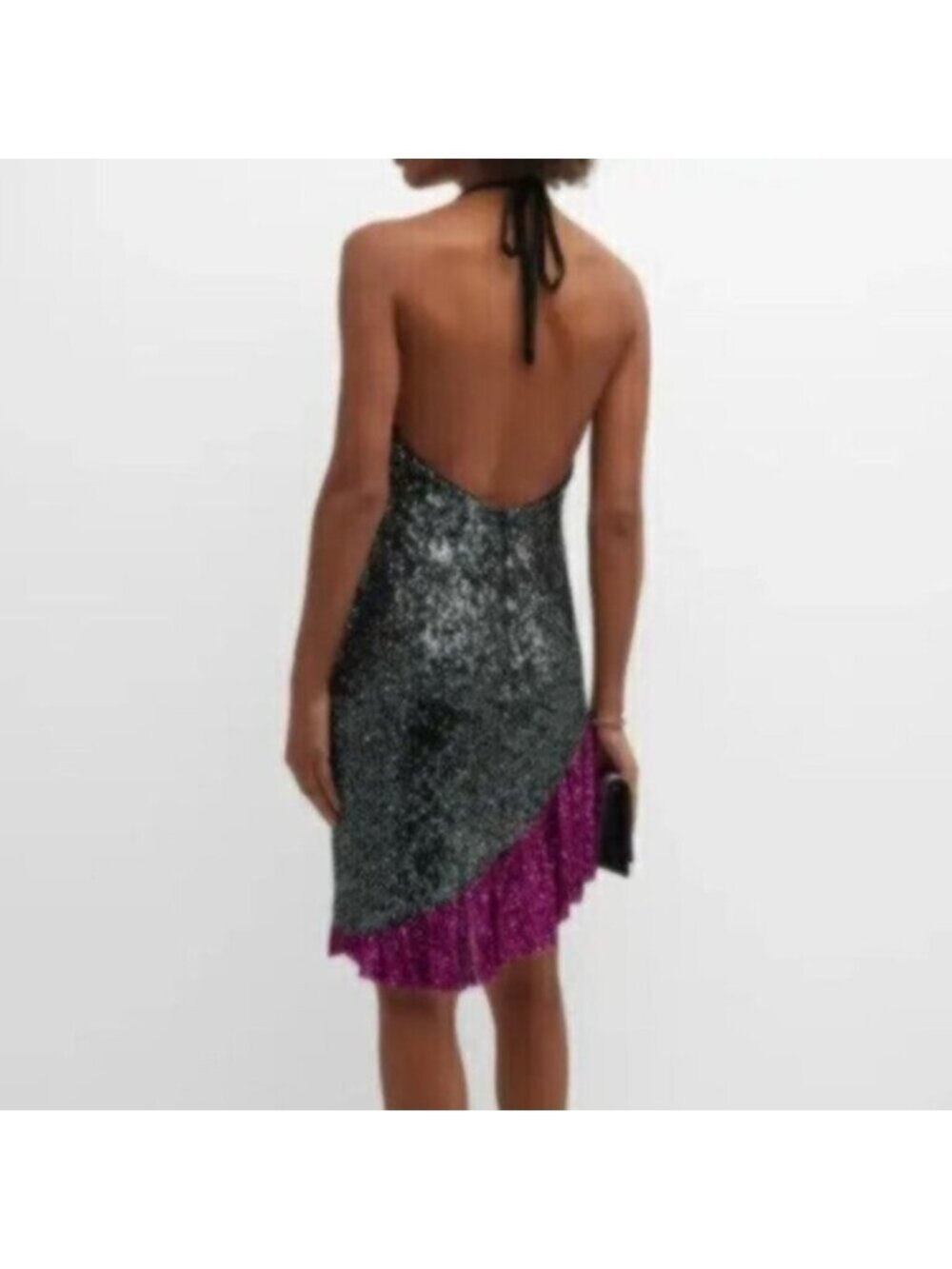 NWT One33 Social Black & Purple Sequin Colorblock Backless Halter Dress - Picture 5 of 15